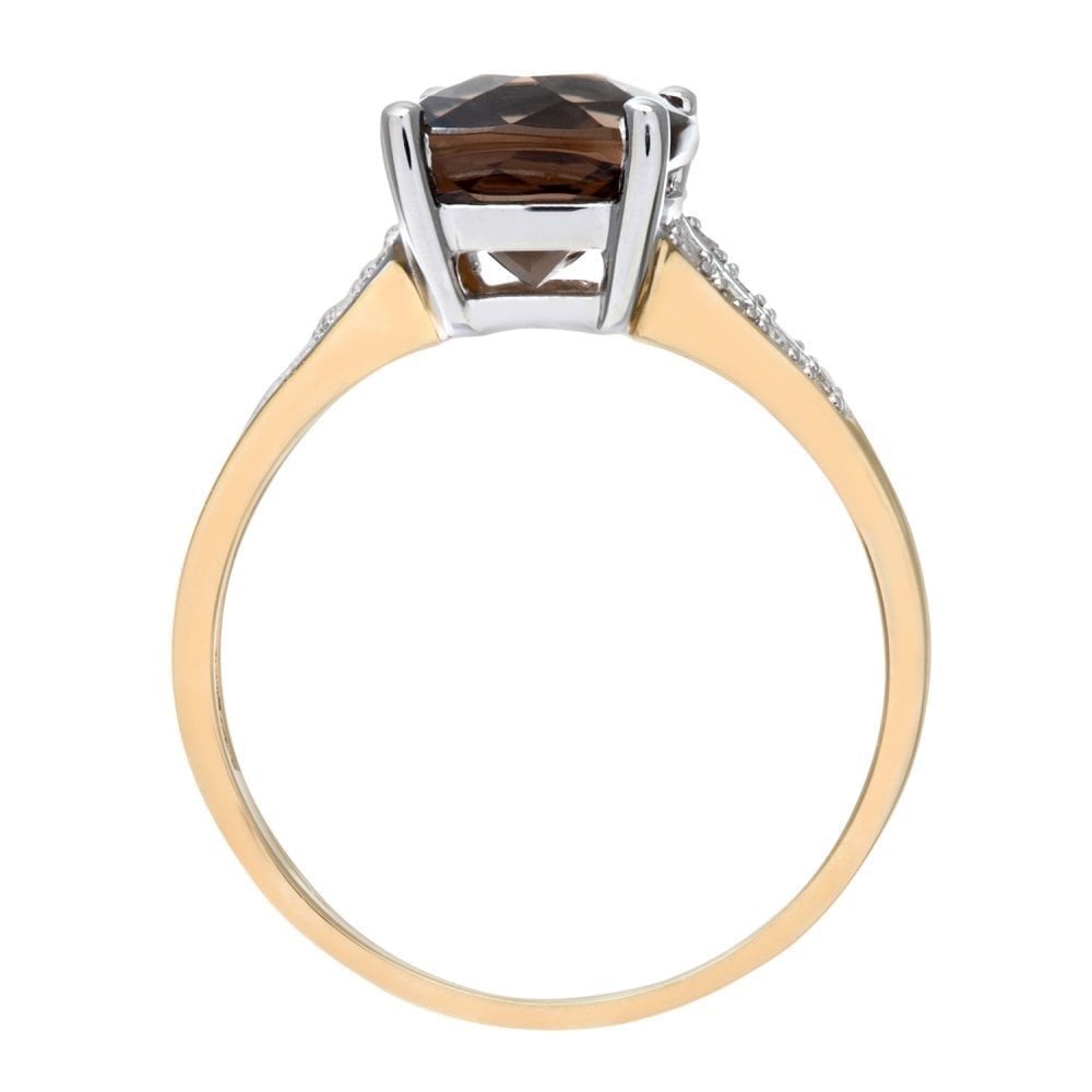 9ct Yellow Gold Cushion Cut Smokey Ring Wth 0.07ct Diamond Shoulders