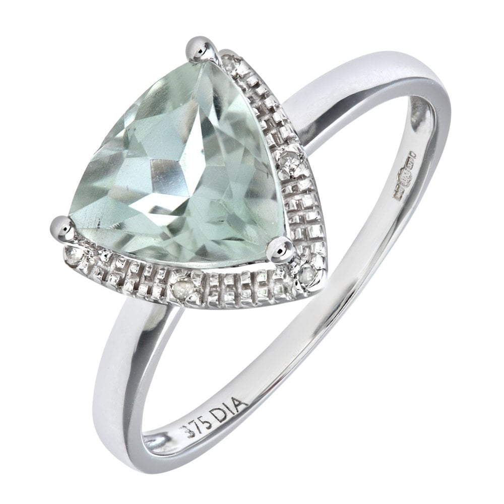 9ct White Gold Triangular Cut Green Amethyst And 0.025ct Diamond Ring