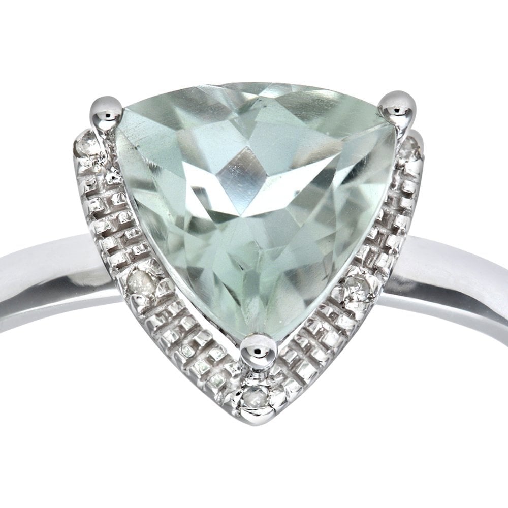 9ct White Gold Triangular Cut Green Amethyst And 0.025ct Diamond Ring