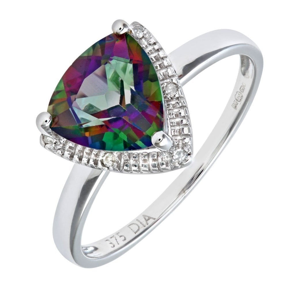 9ct White Gold 2 Carat Mystic Topaz and diamond Trillion Halo Engagement Ring