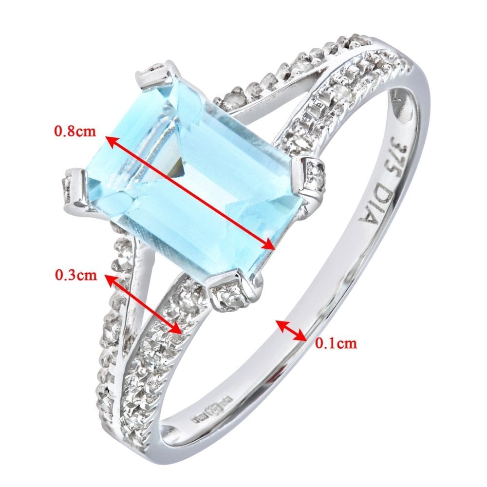 9ct White Gold Emerald Cut Aquamarine Ring With 0.07ct Diamond Shoulders