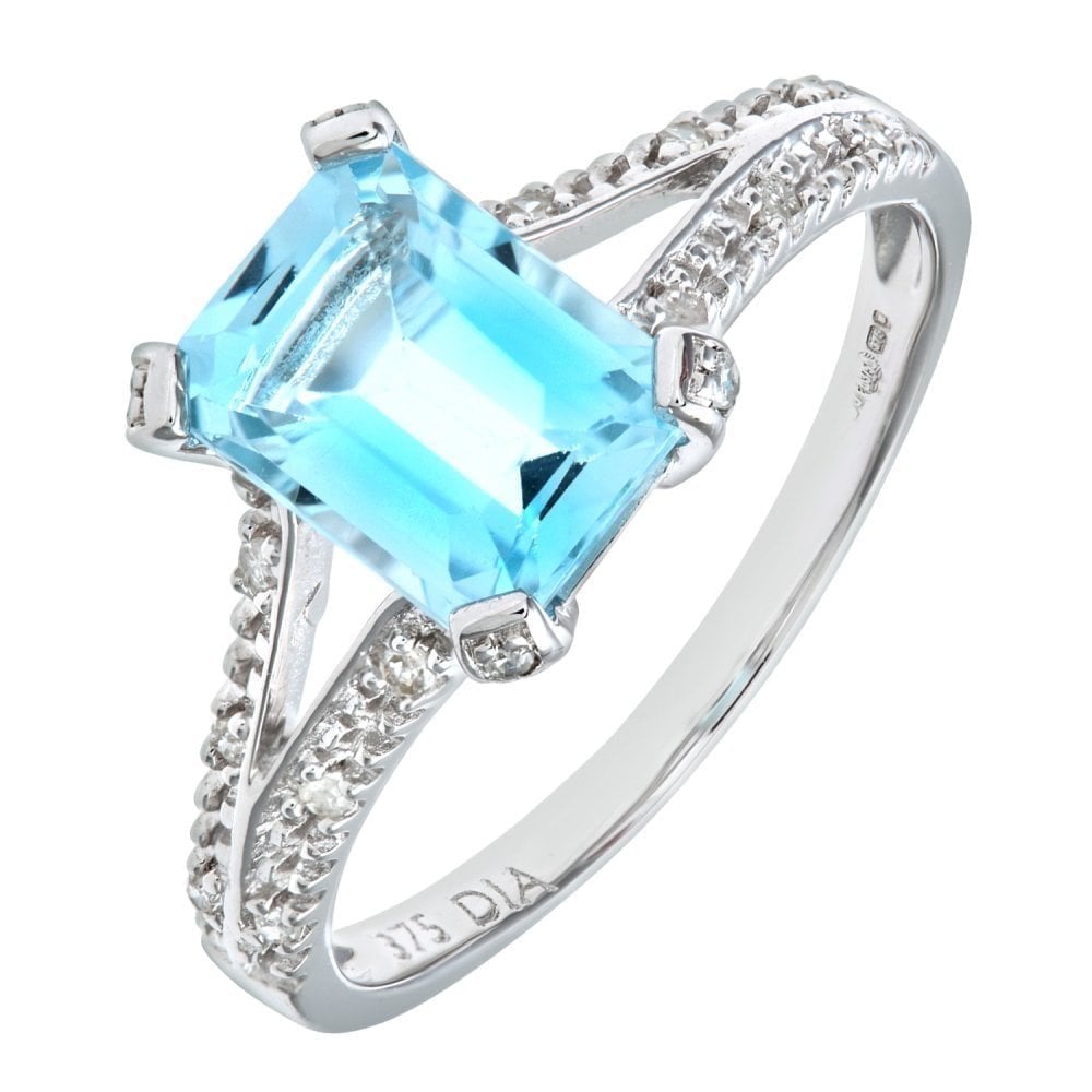9ct White Gold 2 Carat Sky Blue Topaz Octagon and Dimaond Split Shank Engagement Ring