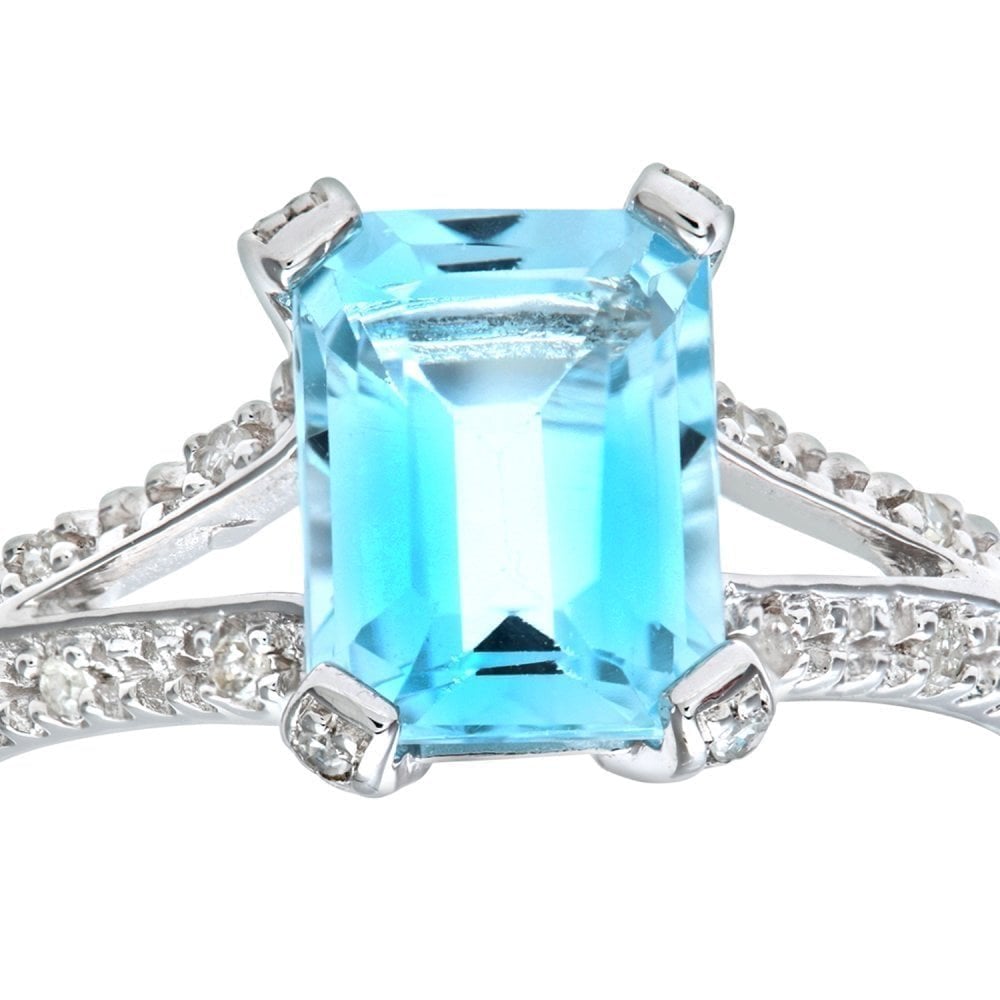 9ct White Gold 2 Carat Sky Blue Topaz Octagon and Dimaond Split Shank Engagement Ring