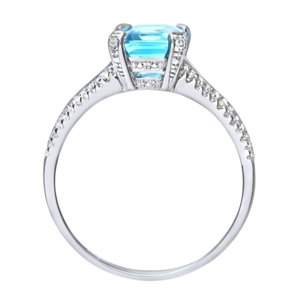 9ct White Gold 2 Carat Sky Blue Topaz Octagon and Dimaond Split Shank Engagement Ring