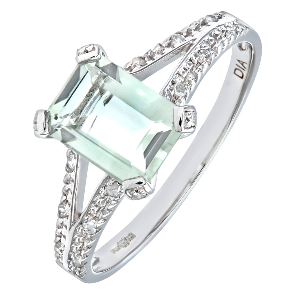 9ct White Gold 1.52ct Emerald Cut Green Amethyst and Diamond Shoulders Ring