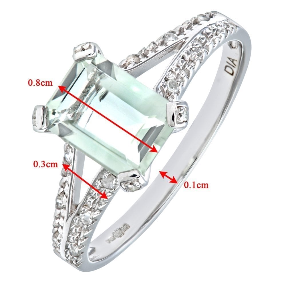 9ct White Gold 1.52ct Emerald Cut Green Amethyst and Diamond Shoulders Ring