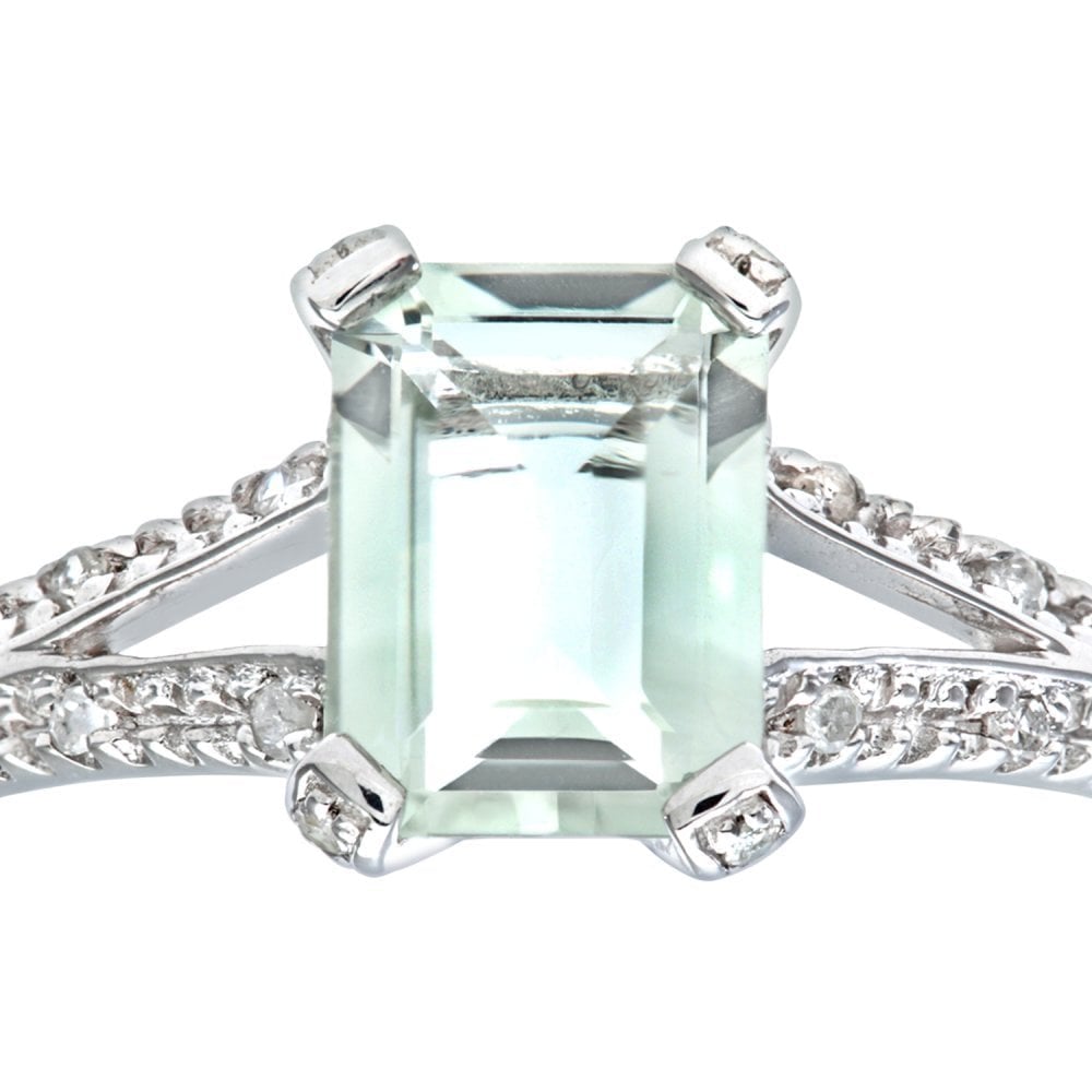 9ct White Gold 1.52ct Emerald Cut Green Amethyst and Diamond Shoulders Ring