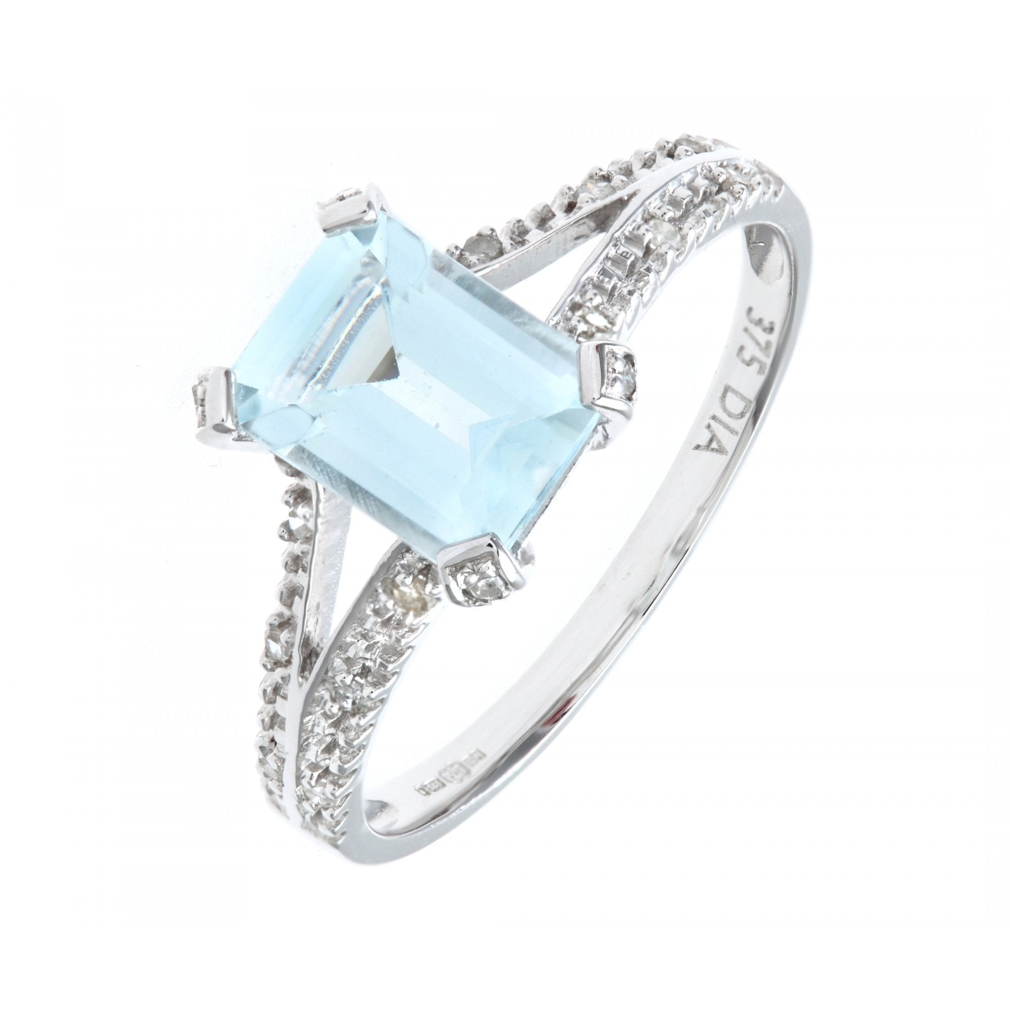 Emerald Cut Aquamarine and Diamond Shoulders Ring 14ct White Gold | Prime Jewellery