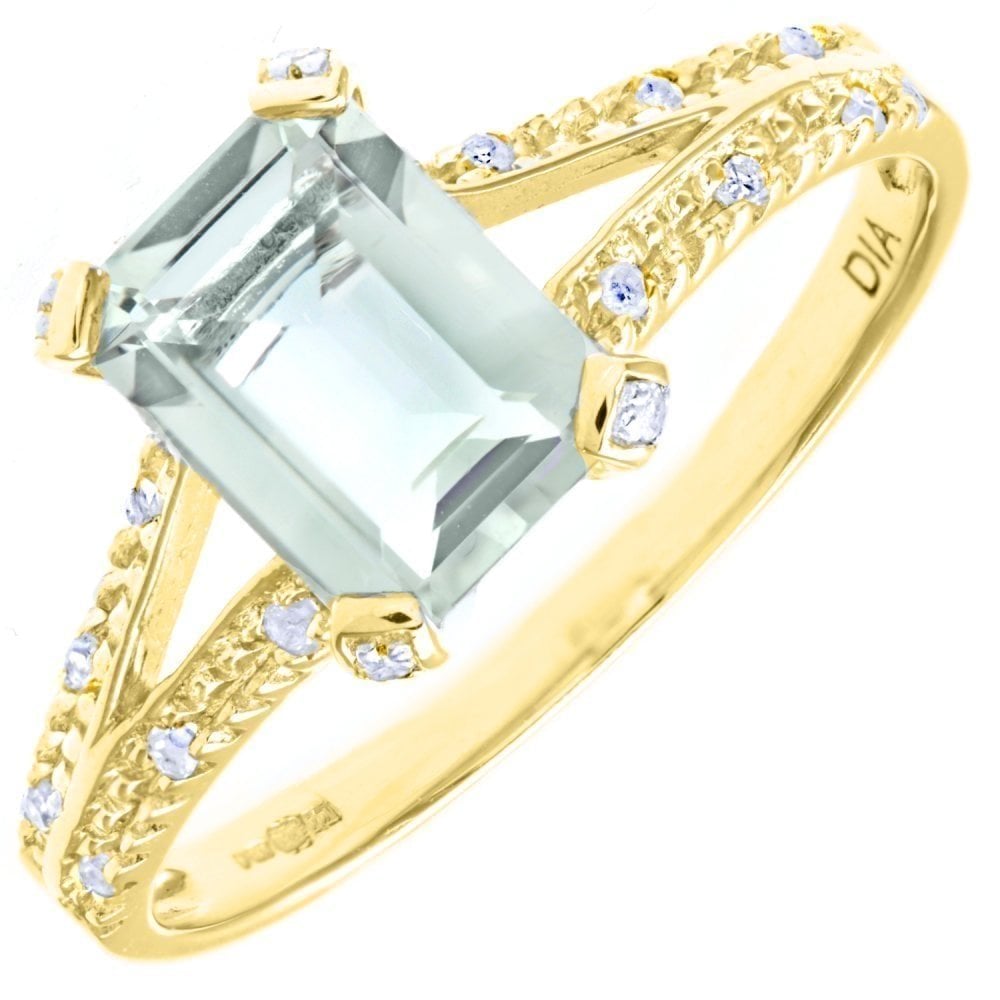 Emerald Cut Green Amethyst and Diamond Ring 9ct Yellow Gold | Prime Jewellery