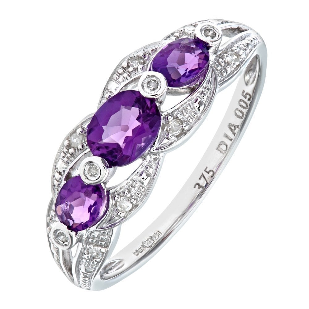 9ct White Gold Amethyst And 0.05ct Diamond Fig 8 Design Ring