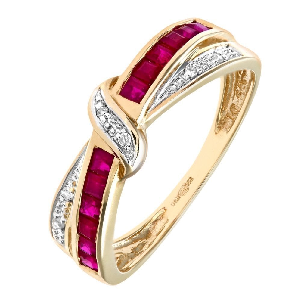 9ct Yellow Gold Ruby And 0.025ct Diamond Bow Ring