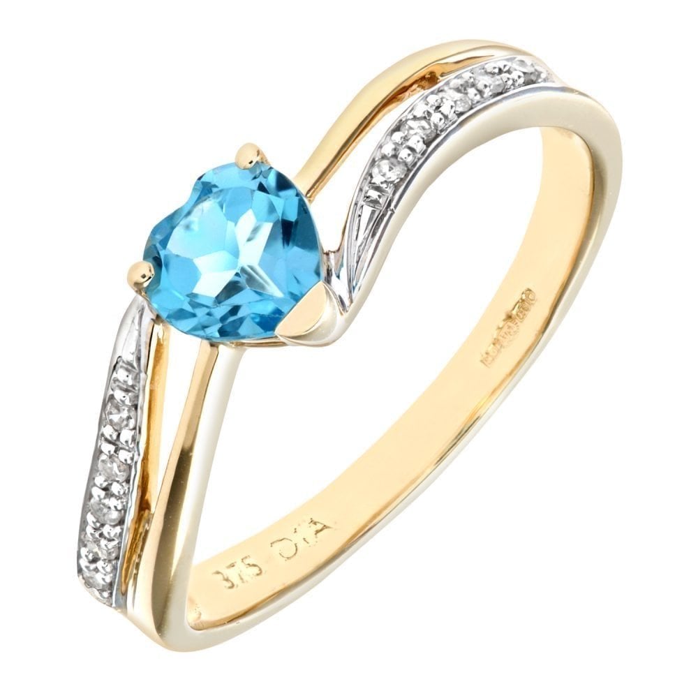 Ladies 9ct Yellow Gold 0.05ct Diamond and Heart Blue Topaz Ring
