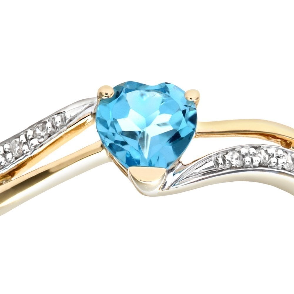 Ladies 9ct Yellow Gold 0.05ct Diamond and Heart Blue Topaz Ring