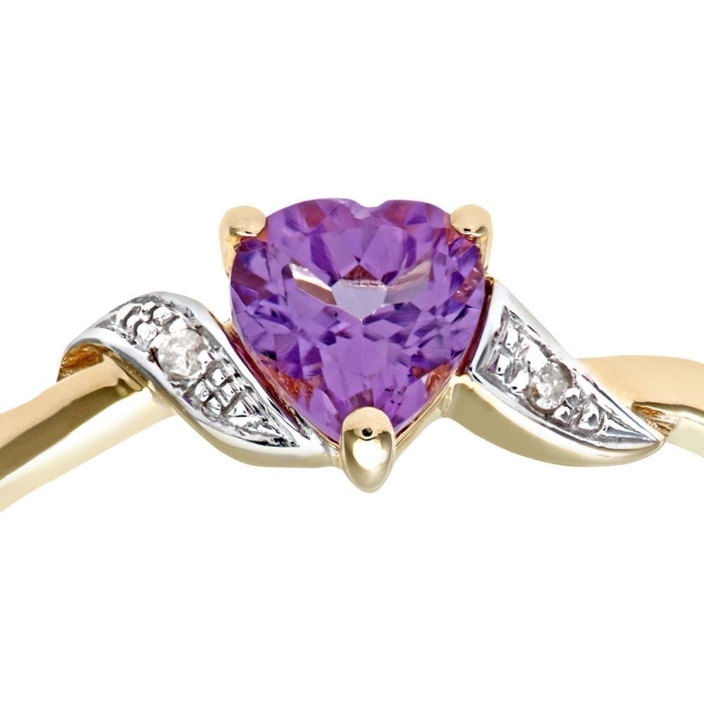 9ct Yellow Gold Amethyst And 0.01ct Diamond Heart Ring