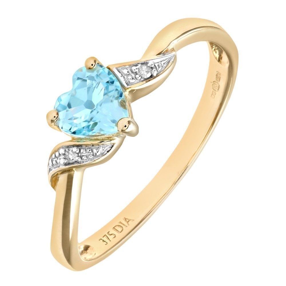 9ct Yellow Gold Sky Blue Topaz and Diamond Heart Solitaire Engagement Ring