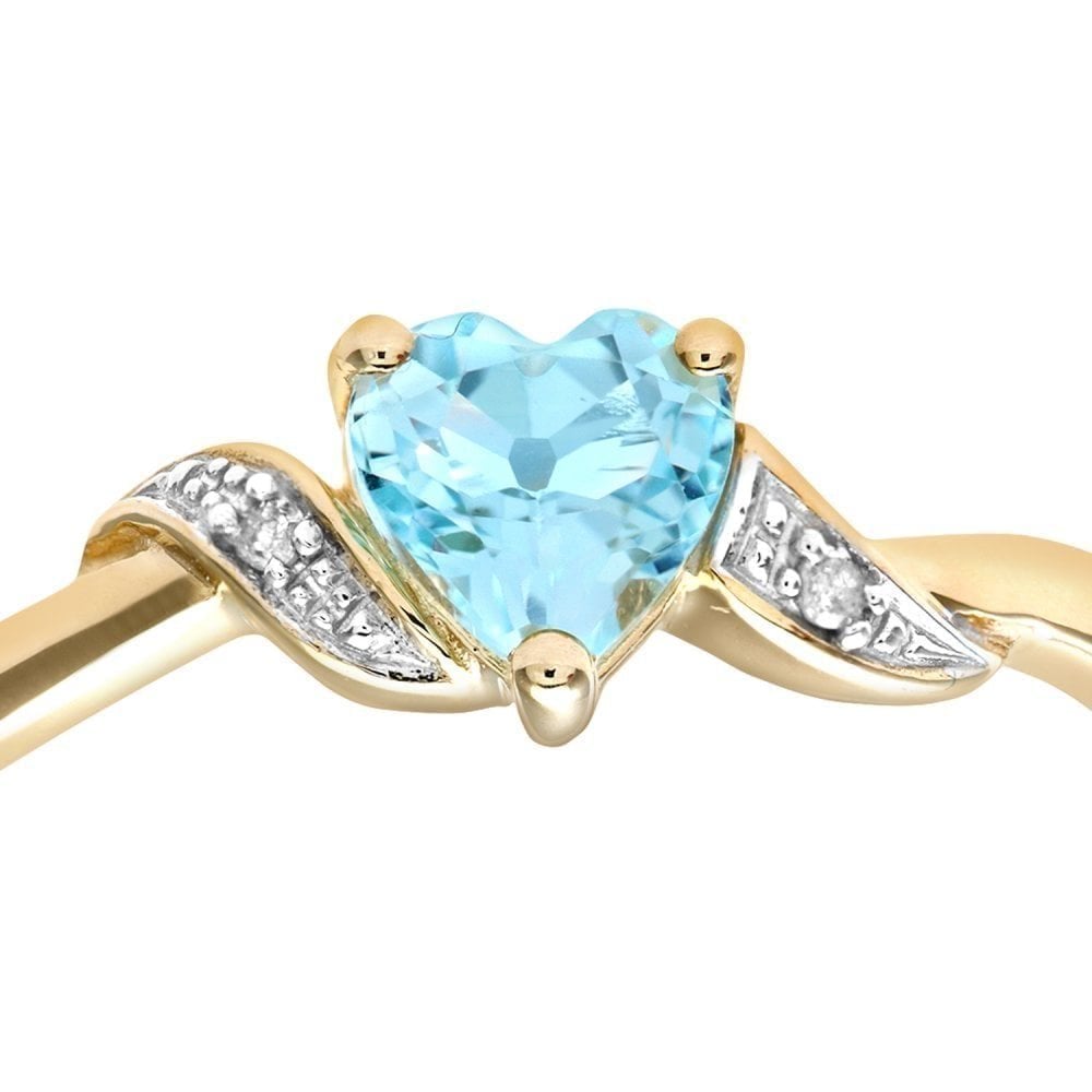 9ct Yellow Gold Sky Blue Topaz and Diamond Heart Solitaire Engagement Ring