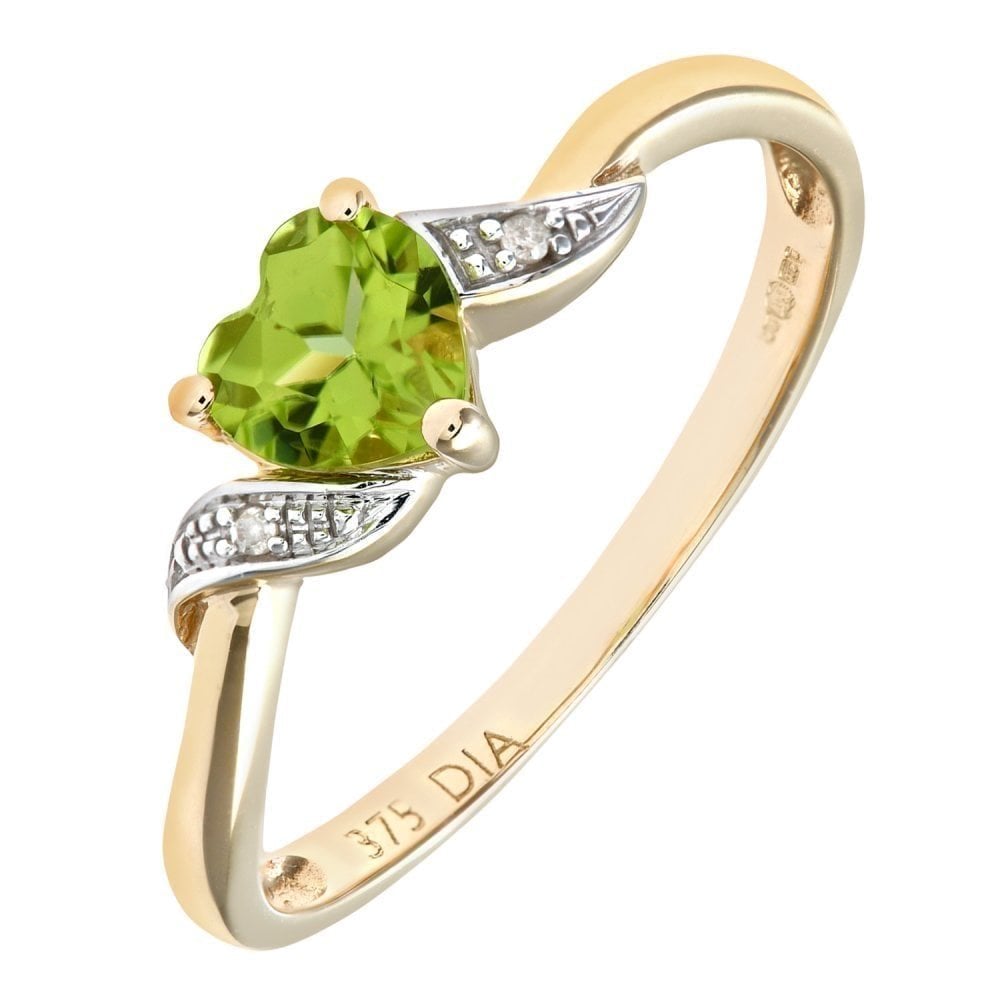 9ct Yellow Gold Peridot And 0.01ct Diamond Heart Ring