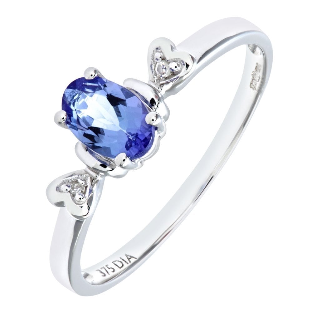 9ct White Gold Tanzanite Ring With 0.01ct Diamond Set Heart Shoulders