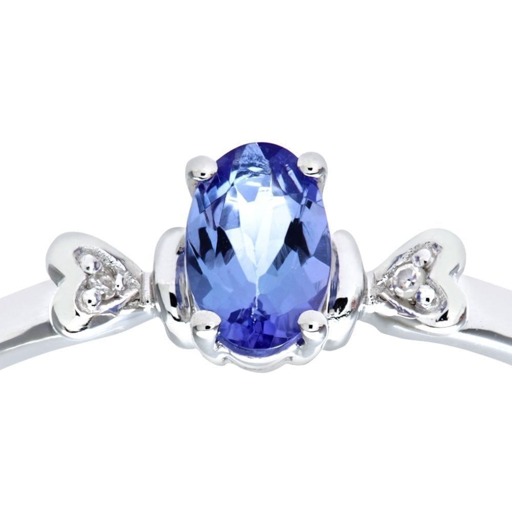 9ct White Gold Tanzanite Ring With 0.01ct Diamond Set Heart Shoulders