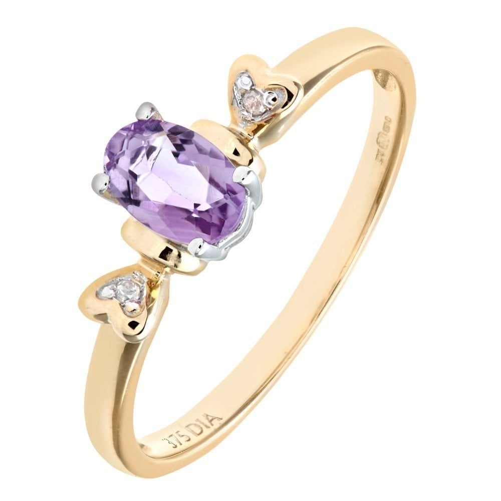 9ct Yellow Gold Amethyst Ring With 0.01ct Diamond Set Heart Shoulders