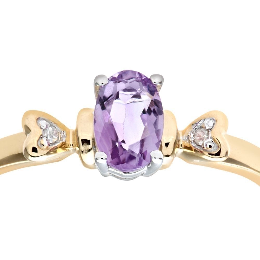 9ct Yellow Gold Amethyst Ring With 0.01ct Diamond Set Heart Shoulders