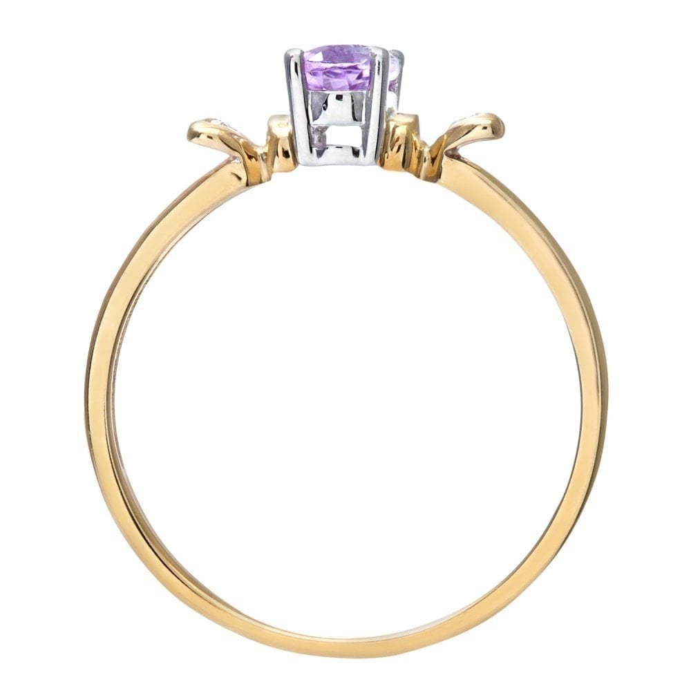 9ct Yellow Gold Amethyst Ring With 0.01ct Diamond Set Heart Shoulders