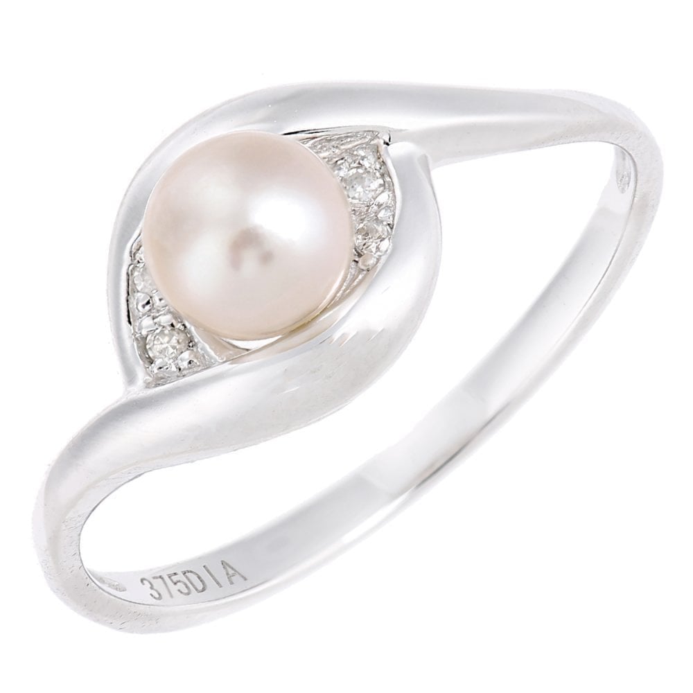 9ct White Gold 0.02ct Diamond And Cultured Pearl Crossover Ring