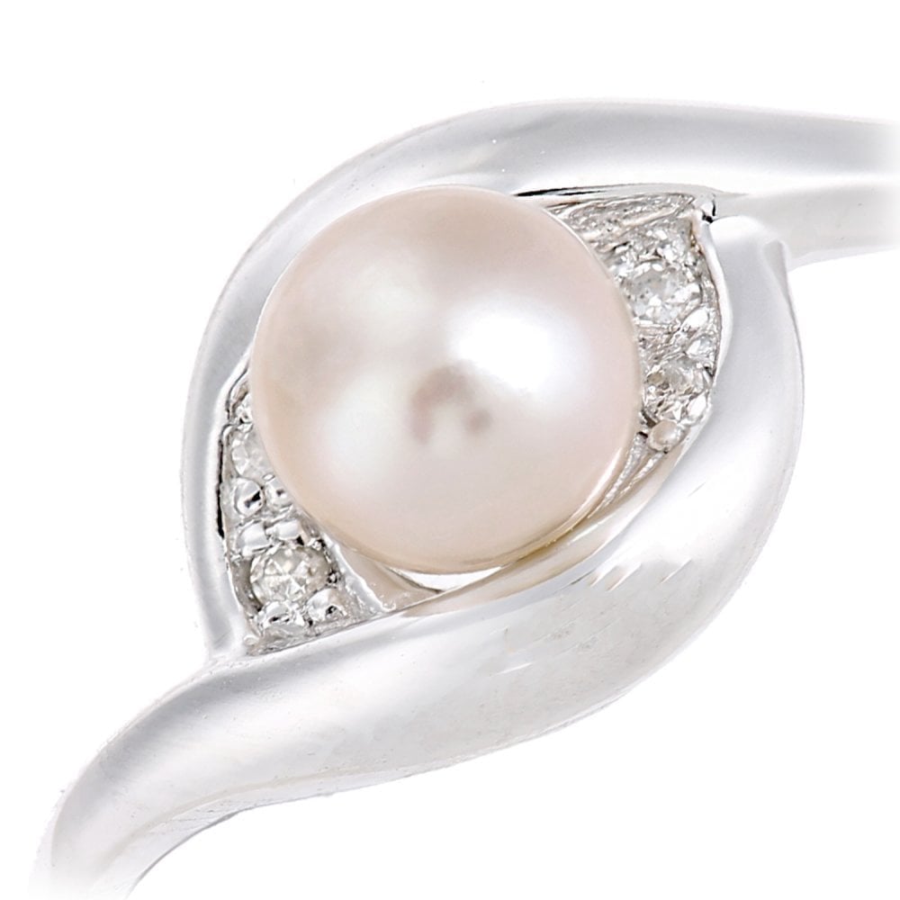 9ct White Gold 0.02ct Diamond And Cultured Pearl Crossover Ring