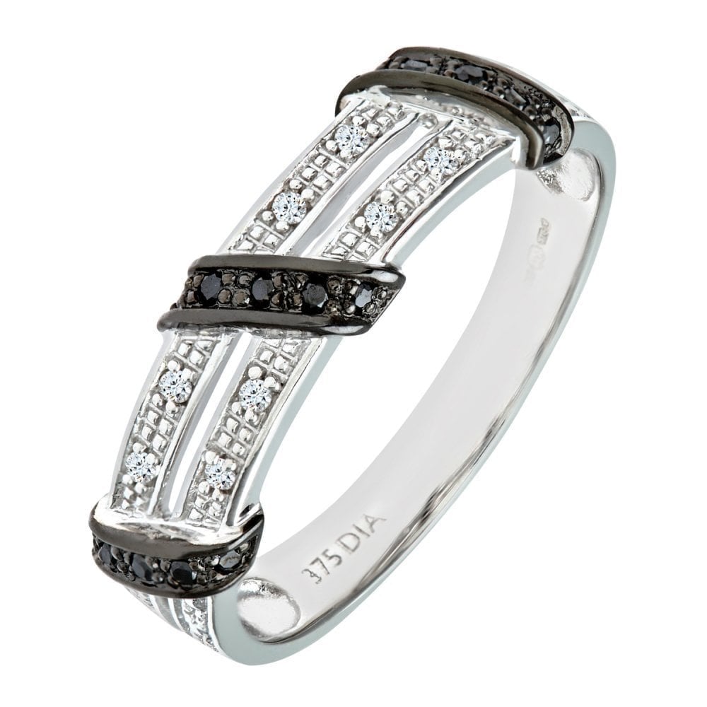 9ct White Gold 0.12 Carat Natural Black and White Diamond Crossover Eternity Ring