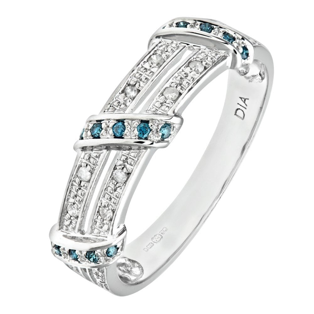 9ct White Gold 0.10 Carat Blue and White Diamond Crossover Eternity Ring