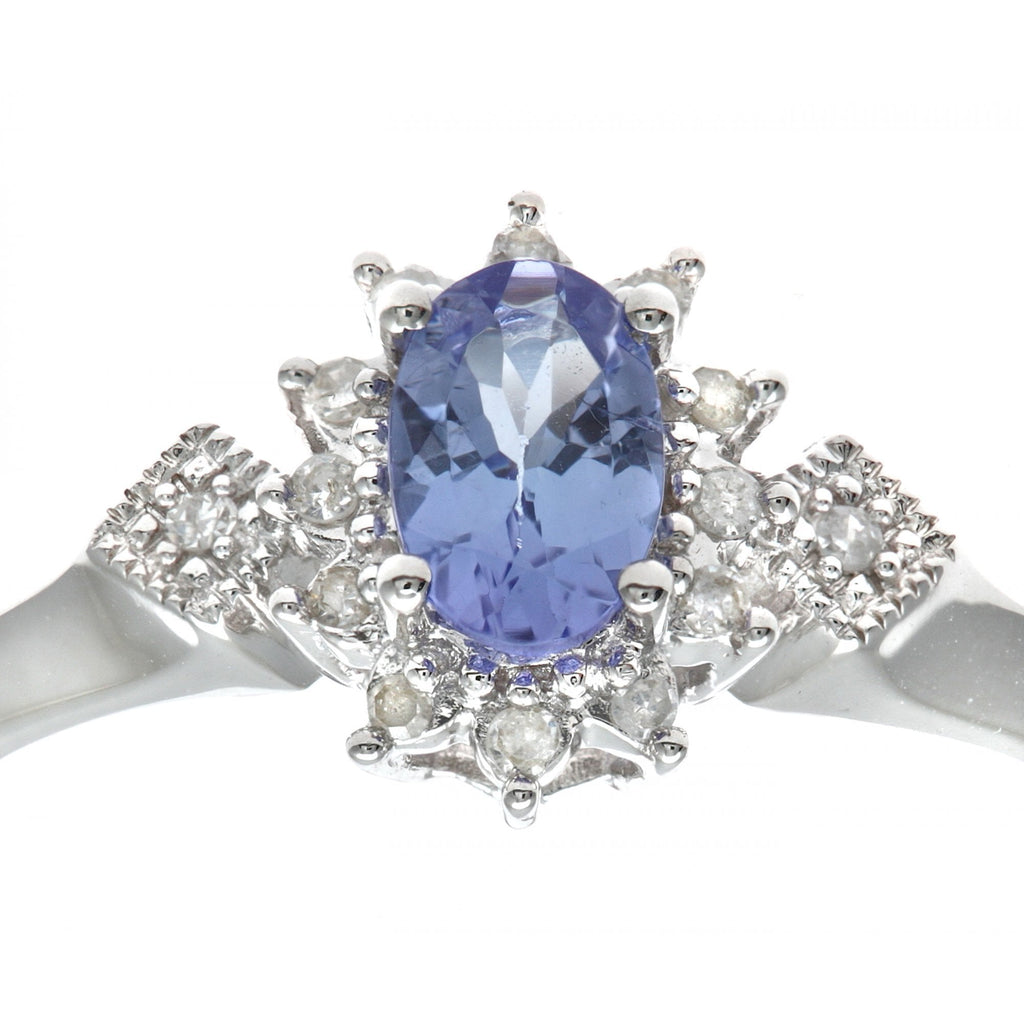 9ct White Gold Oval Tanzanite Ring, 0.05ct Diamond Shoulders