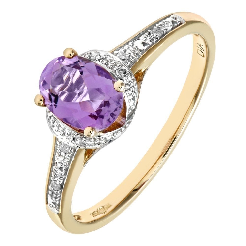 9ct Yellow Gold Amythyst and Diamond Ring