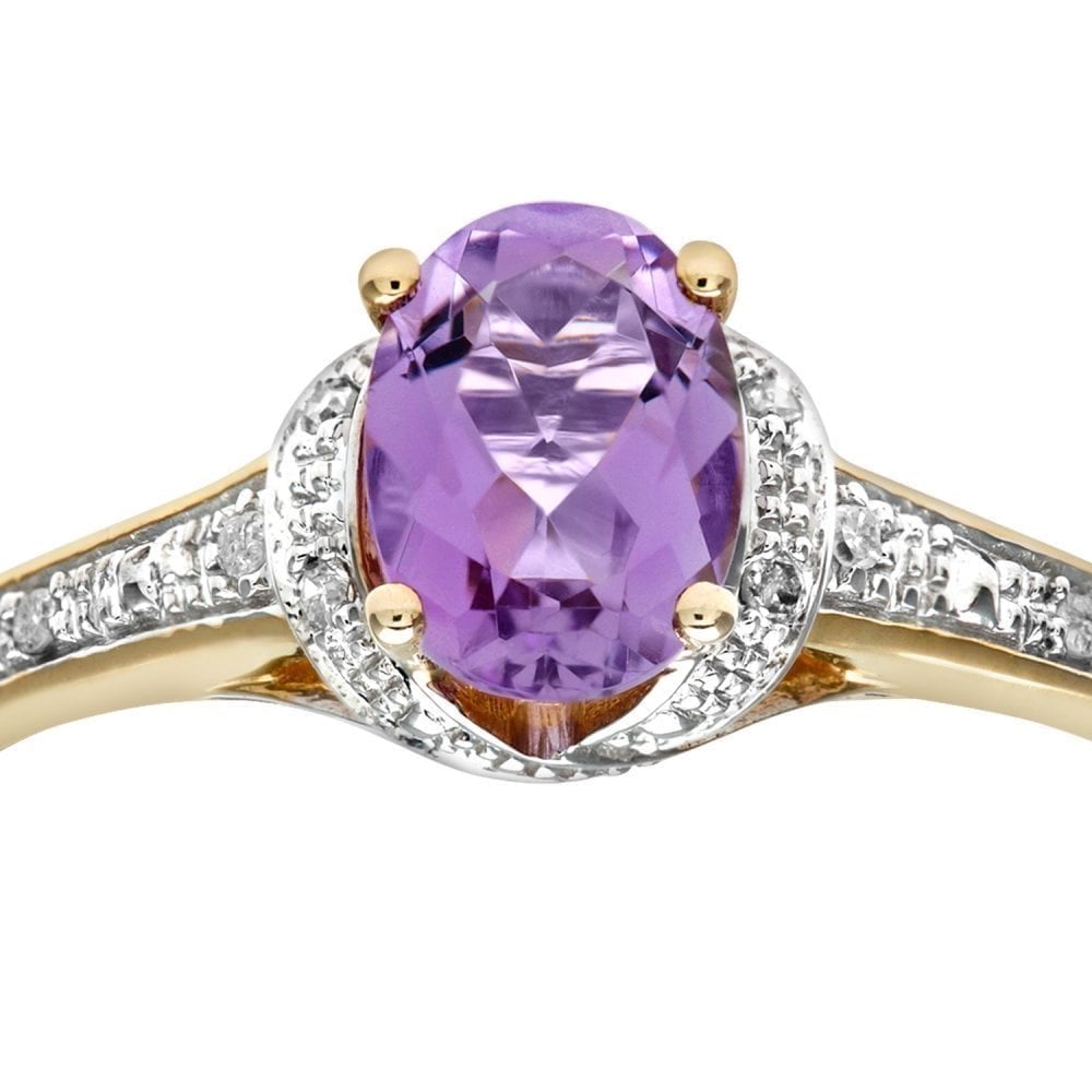 9ct Yellow Gold Amythyst and Diamond Ring