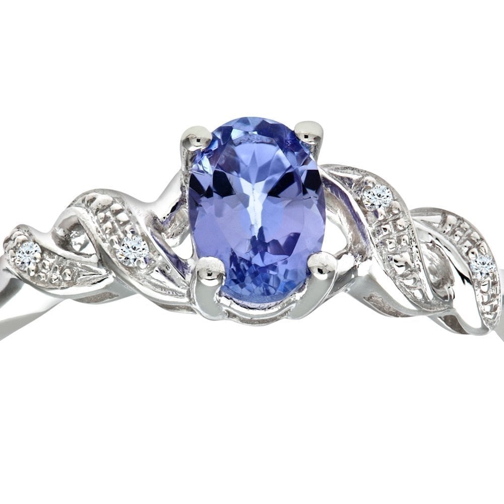9ct White Gold Oval Tanzanite Ring with Pave Set 0.02ct Diamond Twist Shoulders