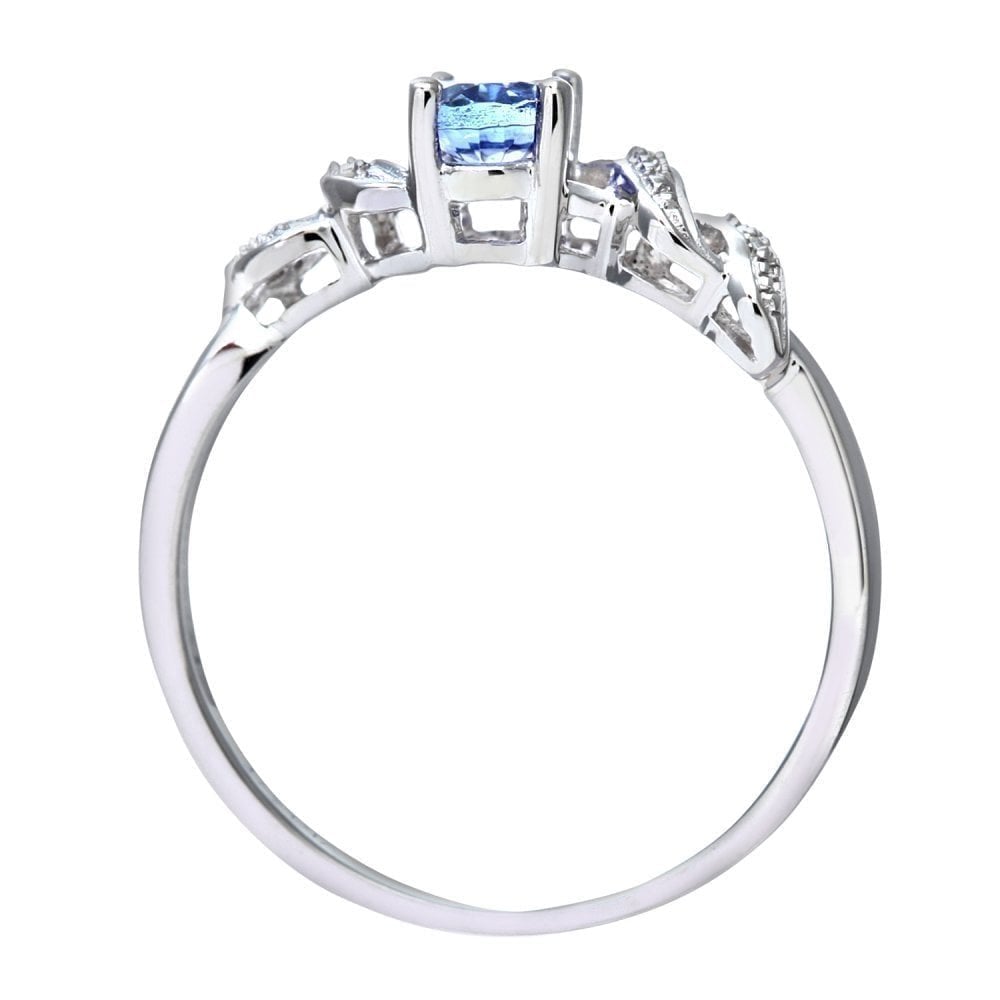 9ct White Gold Oval Tanzanite Ring with Pave Set 0.02ct Diamond Twist Shoulders