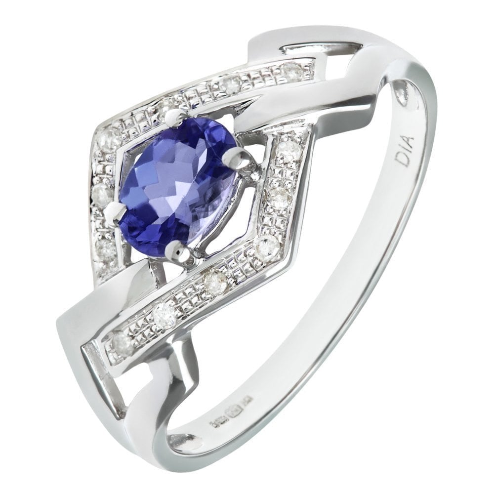 9ct White Gold Tanzanite and Pave Set 0.05ct Diamond Link Ring