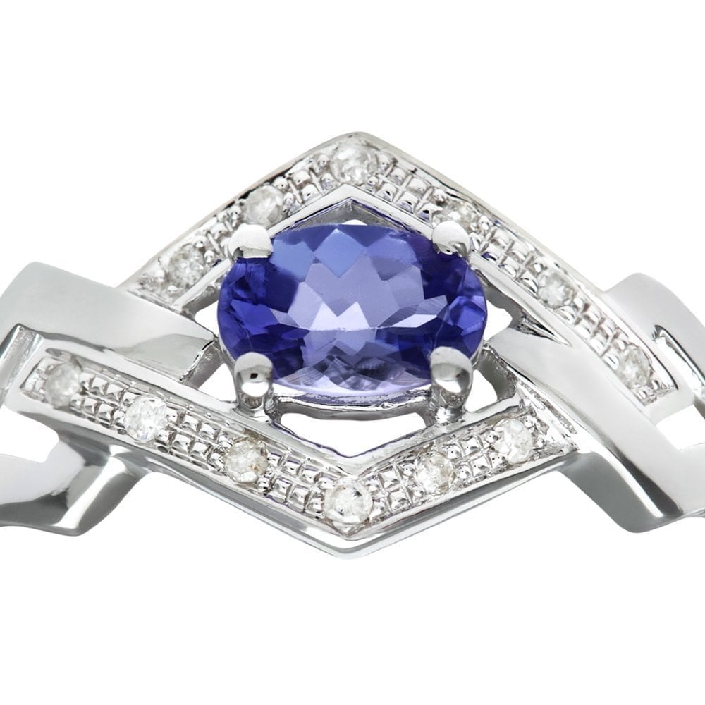 9ct White Gold Tanzanite and Pave Set 0.05ct Diamond Link Ring