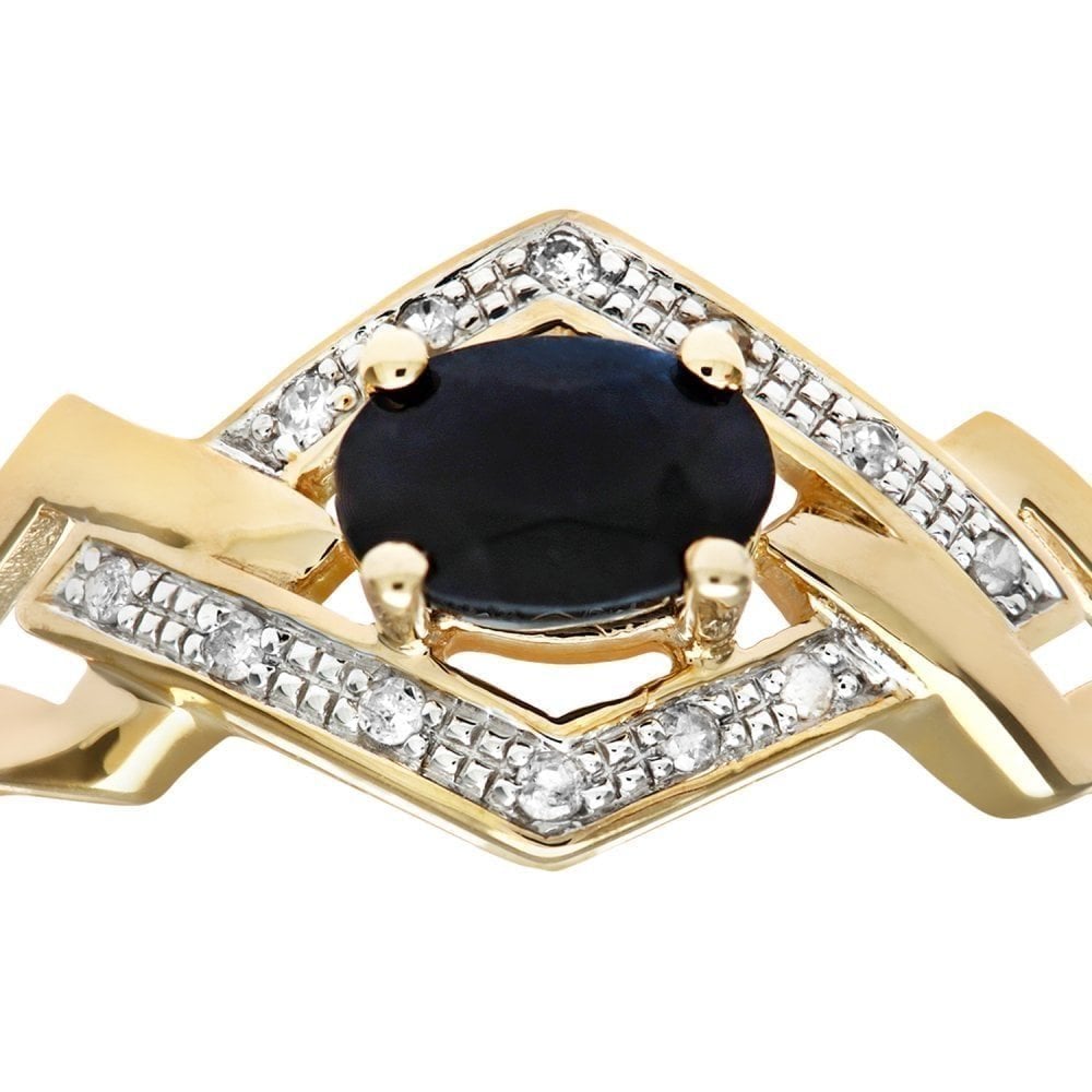 0.7 Ct Oval Natural Blue Sapphire and Diamond Art Deco Ring in 9ct Yellow Gold