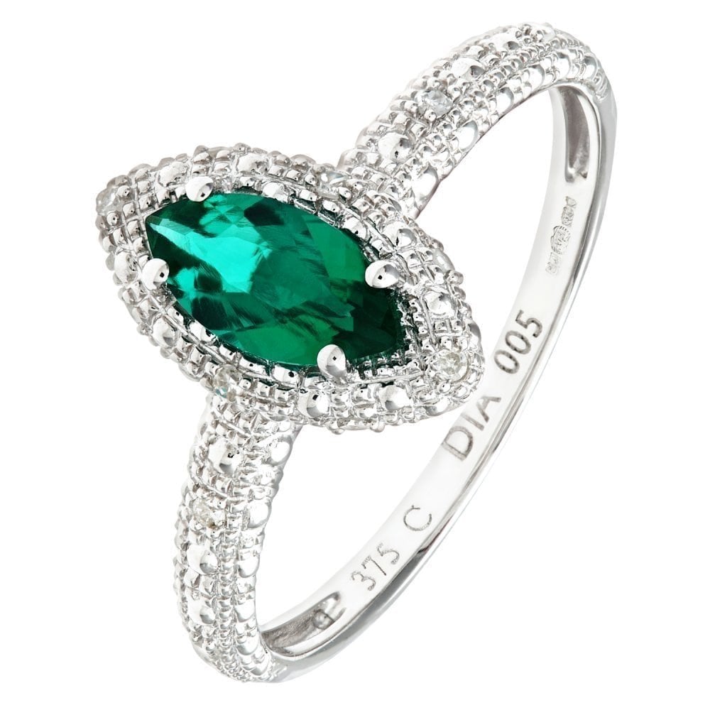 9ct White Gold 0.85ct Created Marquise Emerald and Diamond Halo Ring