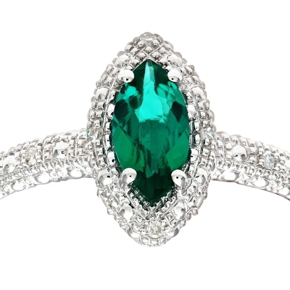 9ct White Gold 0.85ct Created Marquise Emerald and Diamond Halo Ring