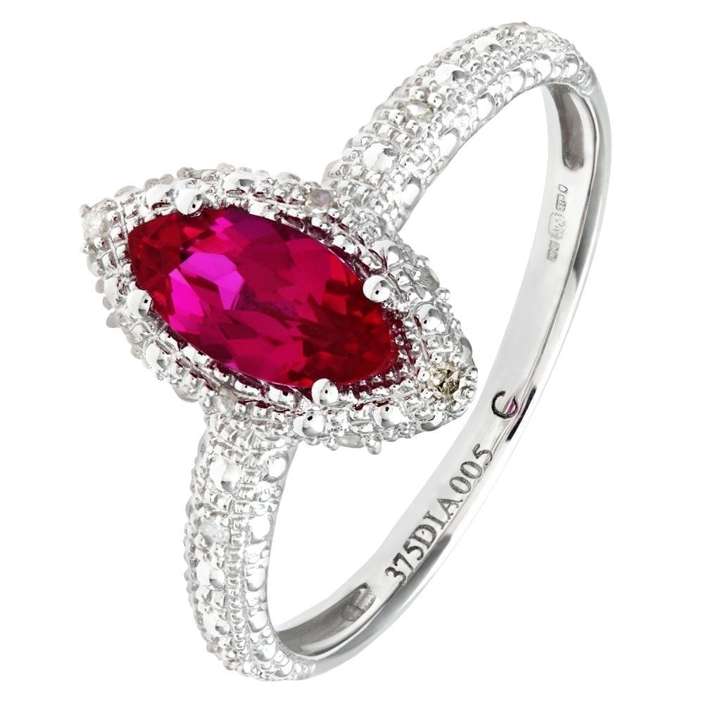 9ct White Gold Created Ruby And 0.05ct Diamond Marquise Cluster Ring