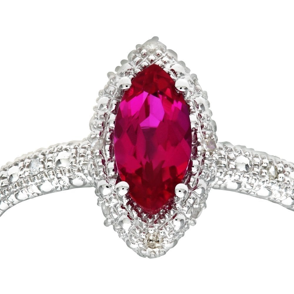 9ct White Gold Created Ruby And 0.05ct Diamond Marquise Cluster Ring