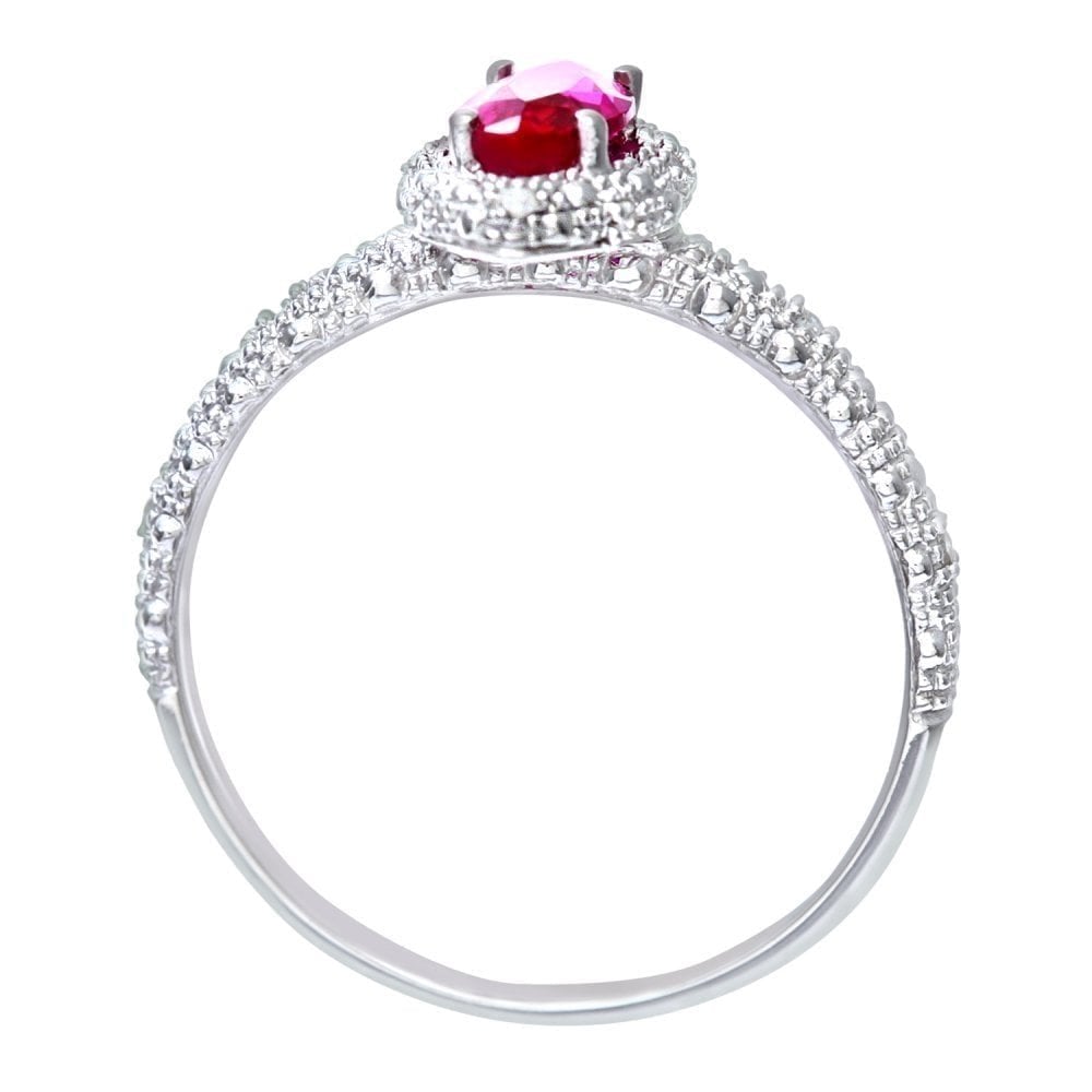 9ct White Gold Created Ruby And 0.05ct Diamond Marquise Cluster Ring