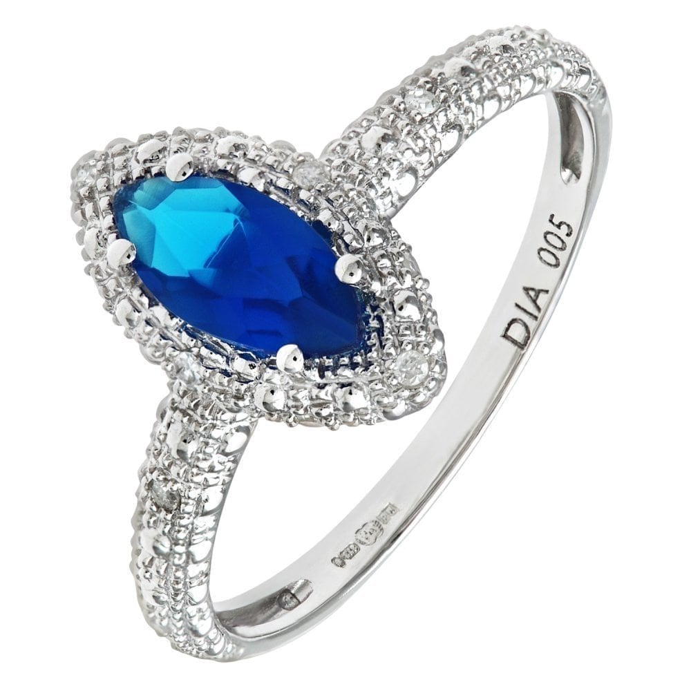 0.68 Ct Marquise Natural Blue Created Sapphire and Diamond Solitaire Halo Ring in 9ct White Gold