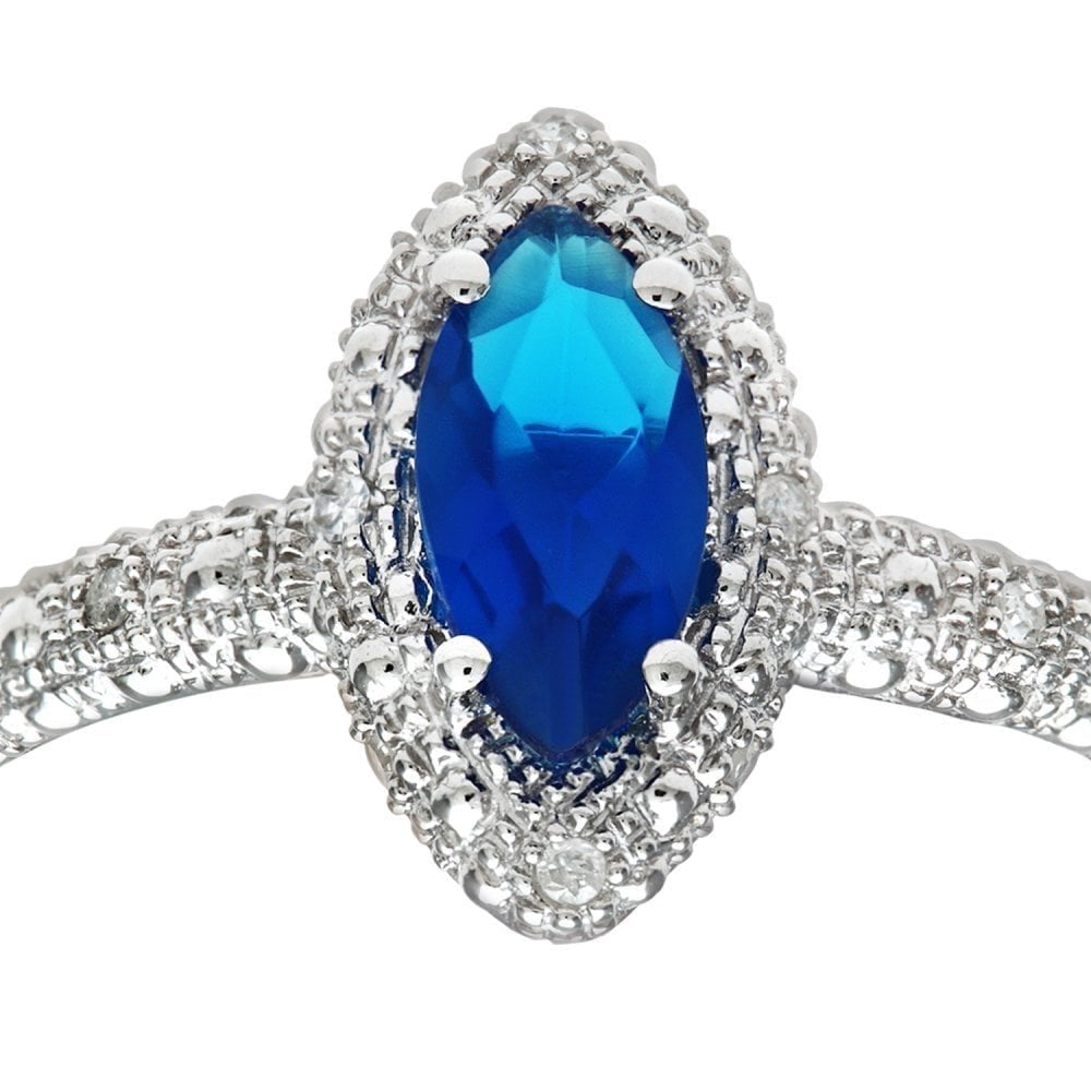 0.68 Ct Marquise Natural Blue Created Sapphire and Diamond Solitaire Halo Ring in 9ct White Gold