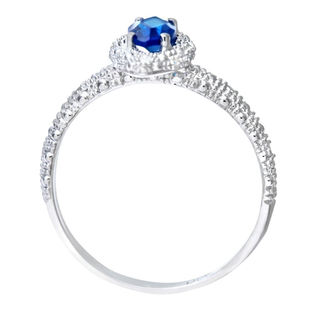 0.68 Ct Marquise Natural Blue Created Sapphire and Diamond Solitaire Halo Ring in 9ct White Gold