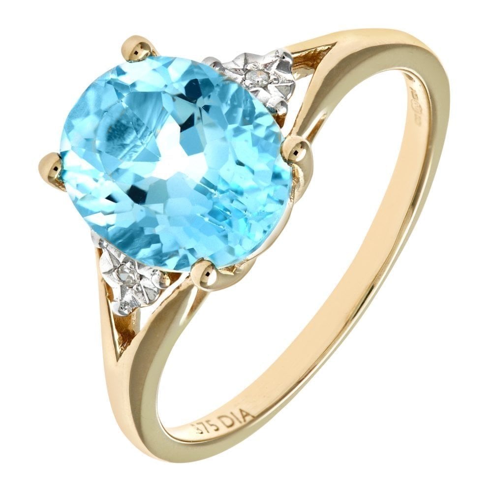 9ct Yellow Gold 3.4 Carat Swiss Blue Topaz and Diamond Oval Solitaire Engagement Ring