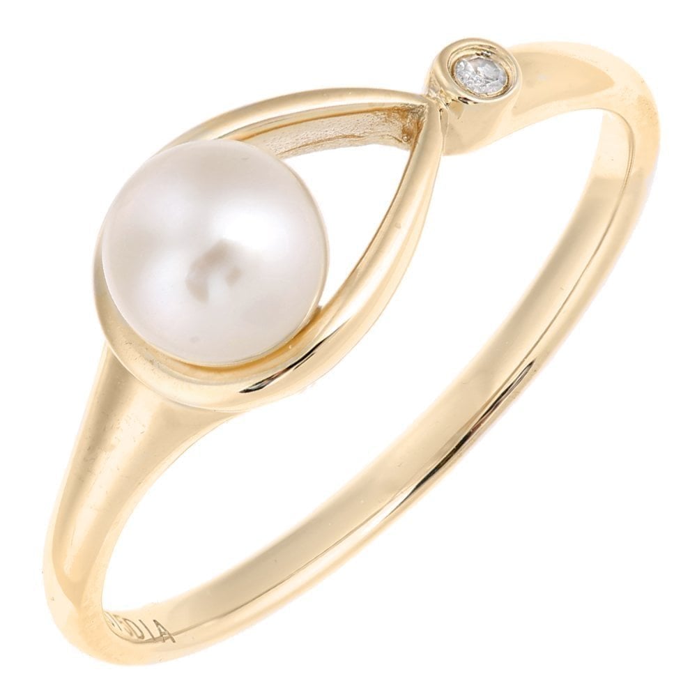 9ct Yellow Gold 0.01ct Diamond And Cultured Pearl Teardrop Ring