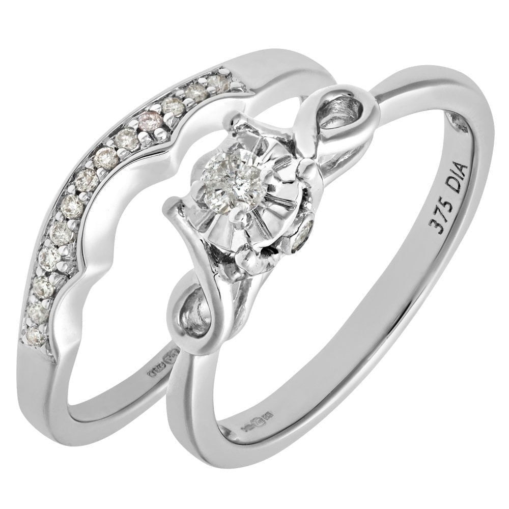 9ct White Gold 0.15 Carat Natural Diamond Bridal Ring Set of 2