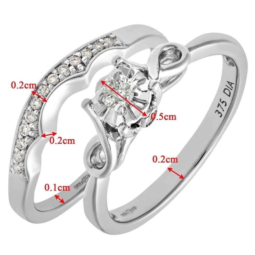 9ct White Gold 0.15 Carat Natural Diamond Bridal Ring Set of 2